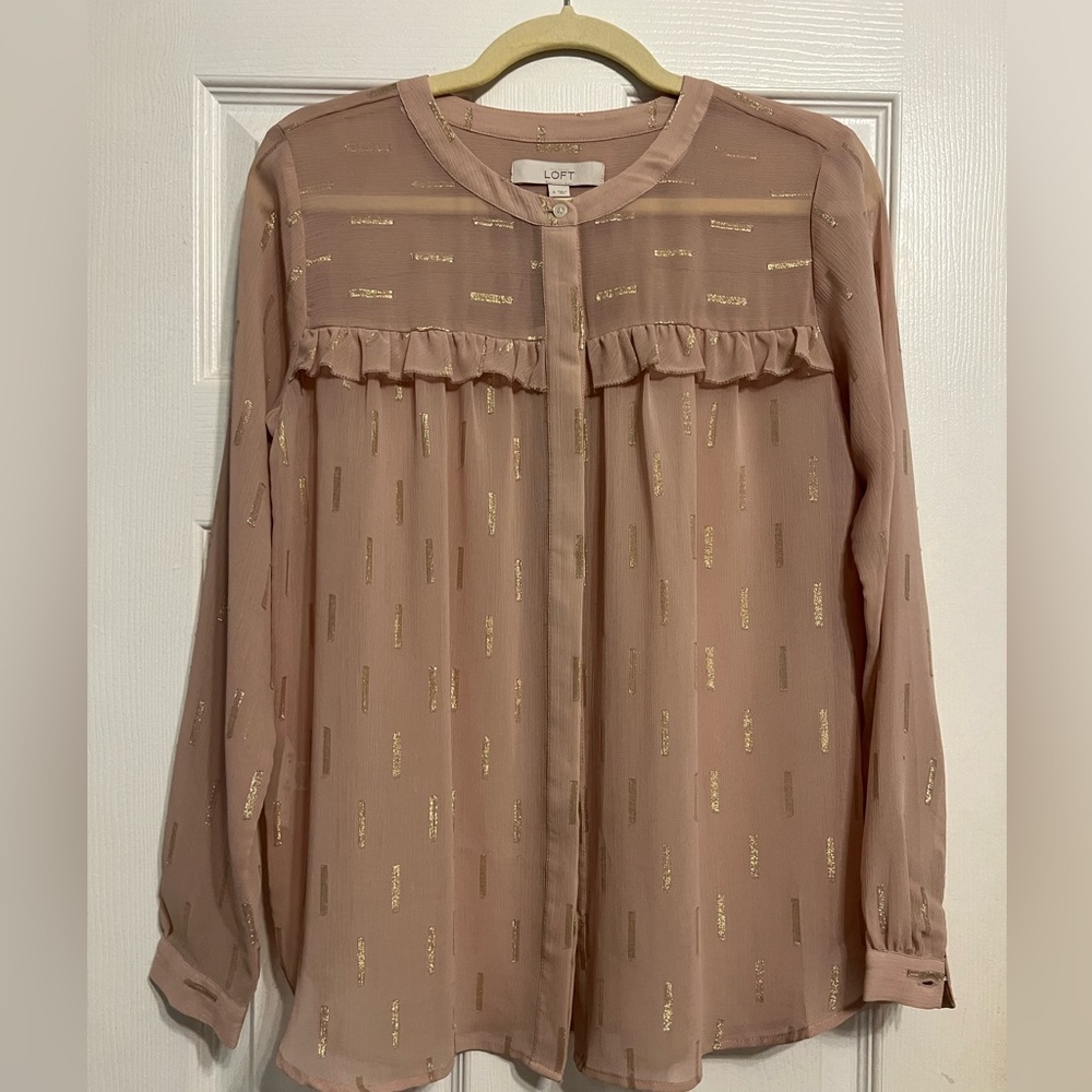 LOFT Women's Blush Pink Blouse with Gold Accents